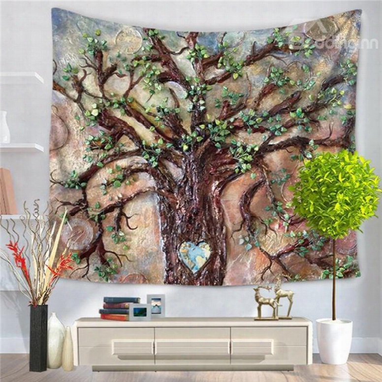 Oil Painting Tree Of Life Nature Love Heart Pattern Decorative Hanging Wall Tapestry