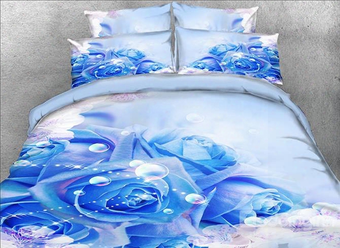 Onlwe 3d Blue Roses And Bubbles Printed Cotton 4-piece Bedding Sets/duvet Covers