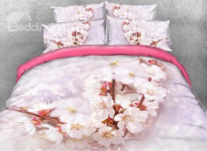 Onlwe 3d Cherry Blossom Printed Cotton 4-piece Bedding Sets/duvet Covers