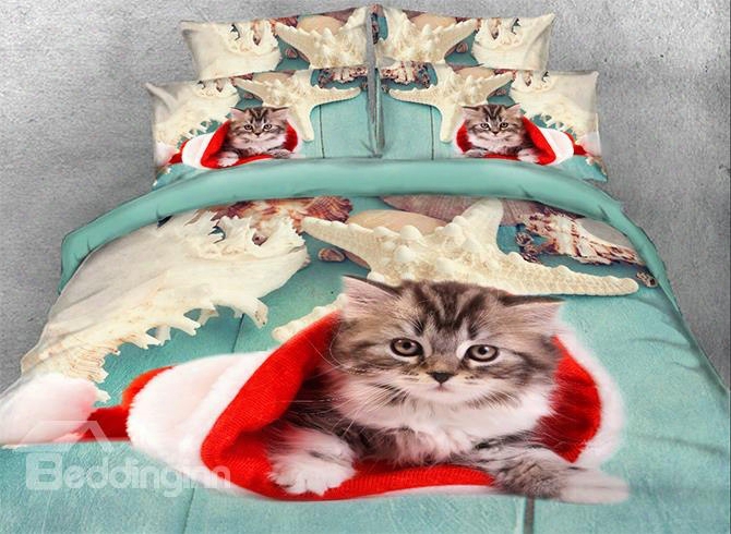 Onlwe 3d Kitten In Christmas Hat Printed 4-piece Bedding Sets/duvet Covers
