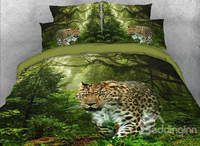 Onlwe 3d Leopard Walking In The Forest Printed 4-piece Bedding Sets/duvet Covers