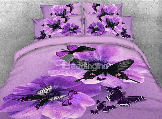 Onlwe 3d Pansy And Butterfly Printed Cotton 4-piece Purple Bedding Sets/duvet Covers