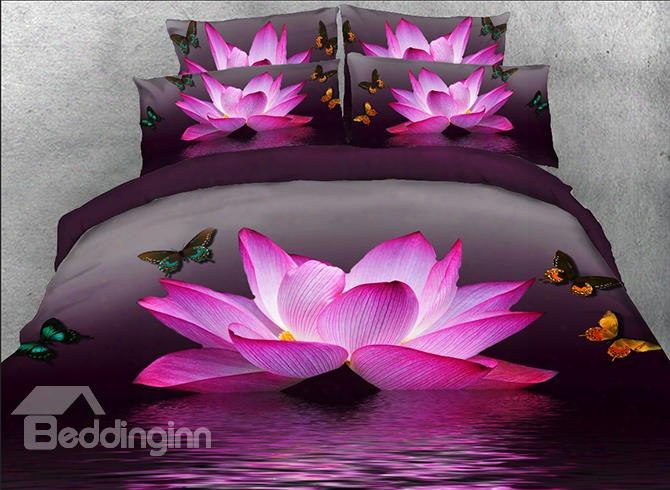 Onlwe 3d Pink Lotus And Butterfly Printed Cotton 4-piece Bedding Sets/duvet Covers