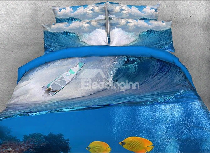 Onlwe 3d Tropical Fish With Rolling Ocean Waves Printed Cotton 4-piece Bedding Sets