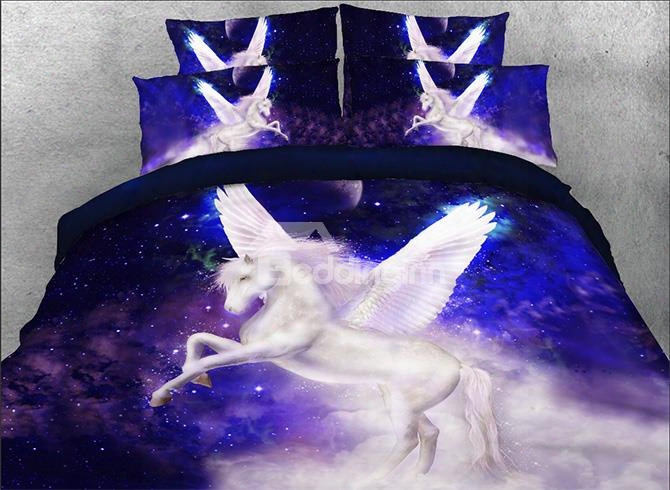 Onlwe 3d White Unicorn With Wings Printed Cotton 4-piece Bedding Sets/duvet Covers