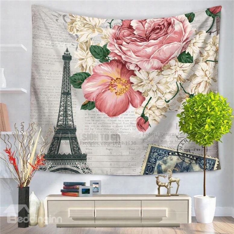 Paris Eiffel Tower With Pink Flower Postcard Style Decorative Hanging Wall Tapestry