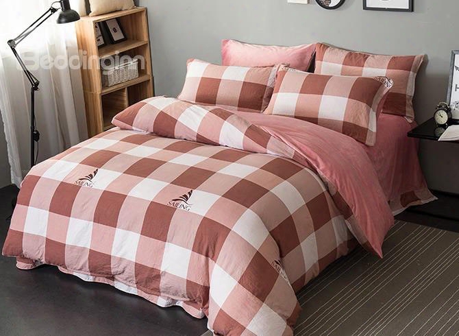 Peachy Pink Plaid Pattern Modern Style Soft 4-piece Bedding Sets/duvet Cover