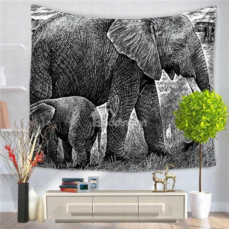 Pencil Sketch Parent-child Elephant Pattern Decorative Hanging Wall Tapestry