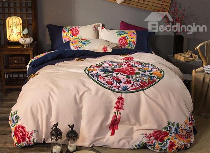 Peonies Blooms Pattern  Ethnic Style Cotton 4-piece Bedding Sets/duvet Cover