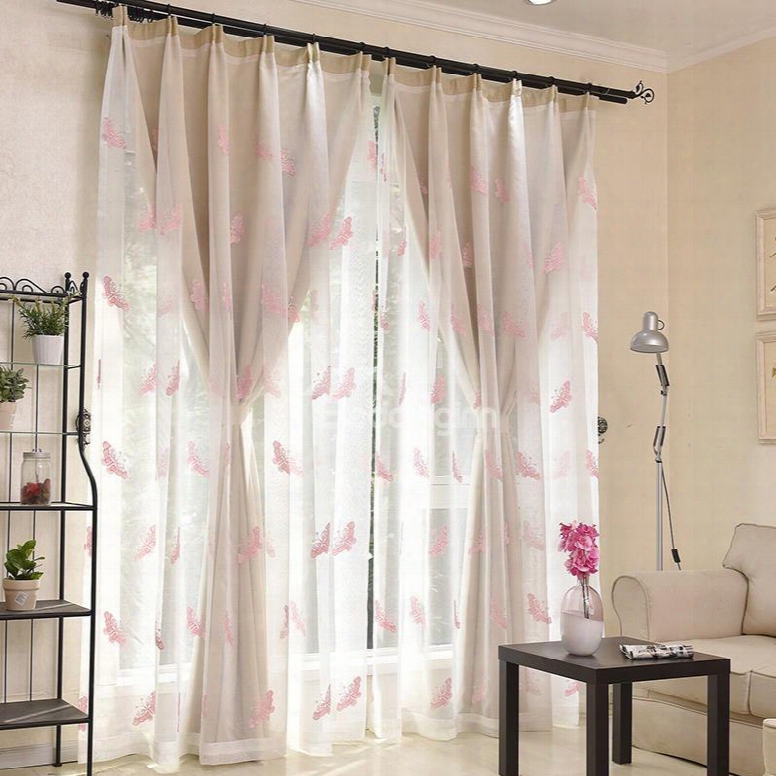 Pink Butterfly Embroidered Sheer And Beige Cloth Sewing Together Window Decoration Custom Curtain