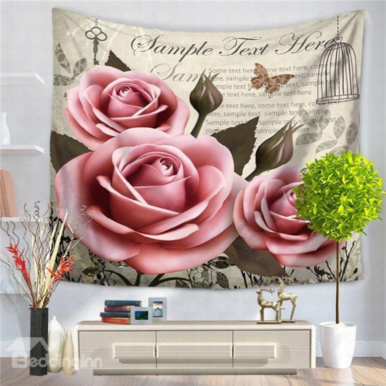 Pink Fascinating Roses With Butterfly Pattern Decorative Hanging Wall Tapestry