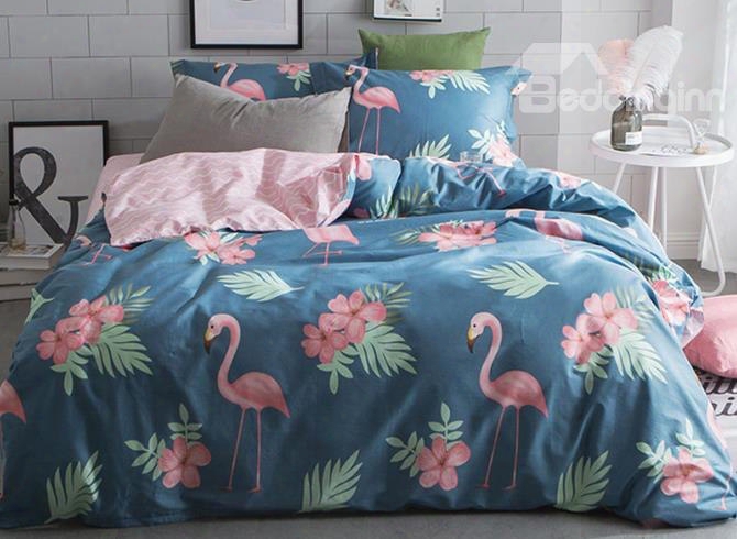 Pink Flamingos And Tropical Plants Blue Cotton 4-piece Bedding Sets/duvet Cover