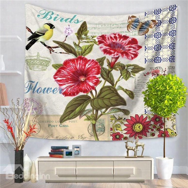 Pink Morning Glory With Bird Postcard Style Decorative Hanging Wall Tapestry