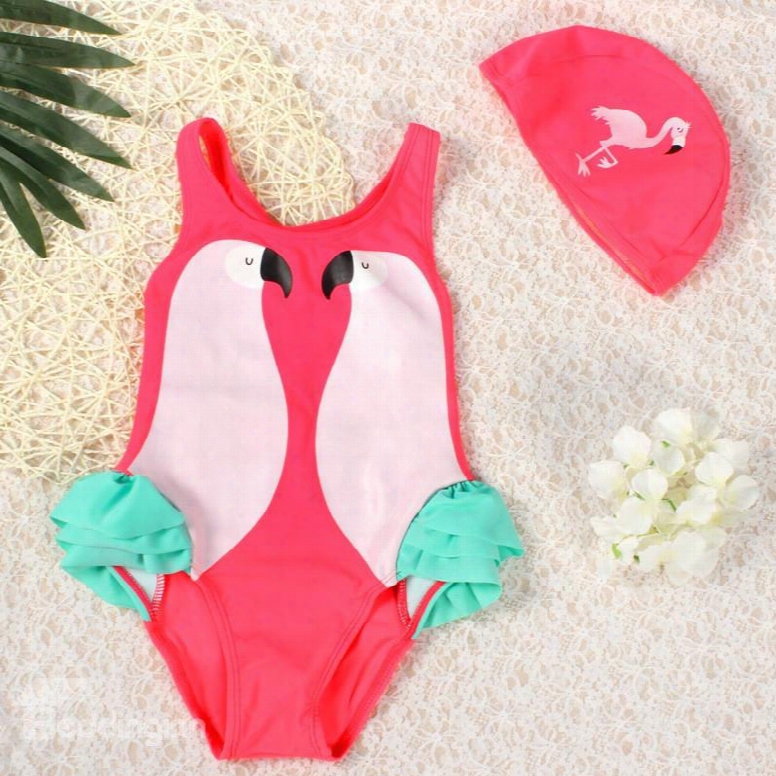 Pink Parrot Printed Spandex Red Girls One-piece Swimsuit