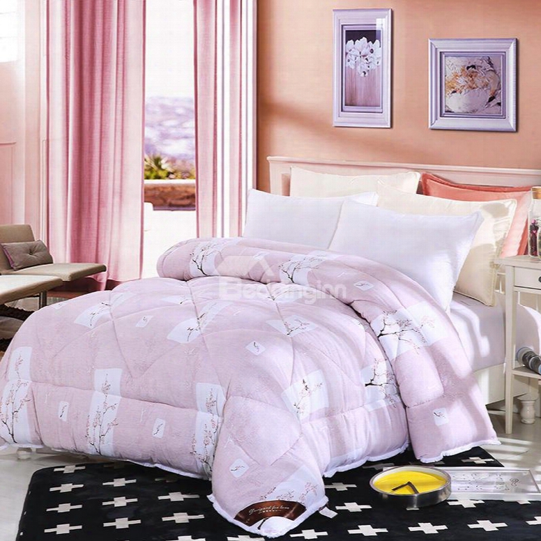 Plum Blossom Pattern Pastoral Style Lacy Pink Polyester Winter Thick Quilt