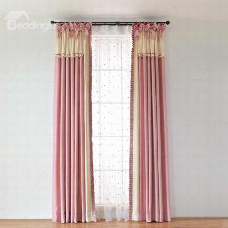 Princess Style Pink Colors Splicing Custom Curtain With Bow-knot