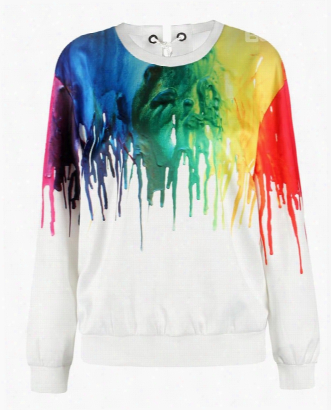 Pullover Sweatshirt Tie Back Rainbow Color Falling Printed Women Hoodies