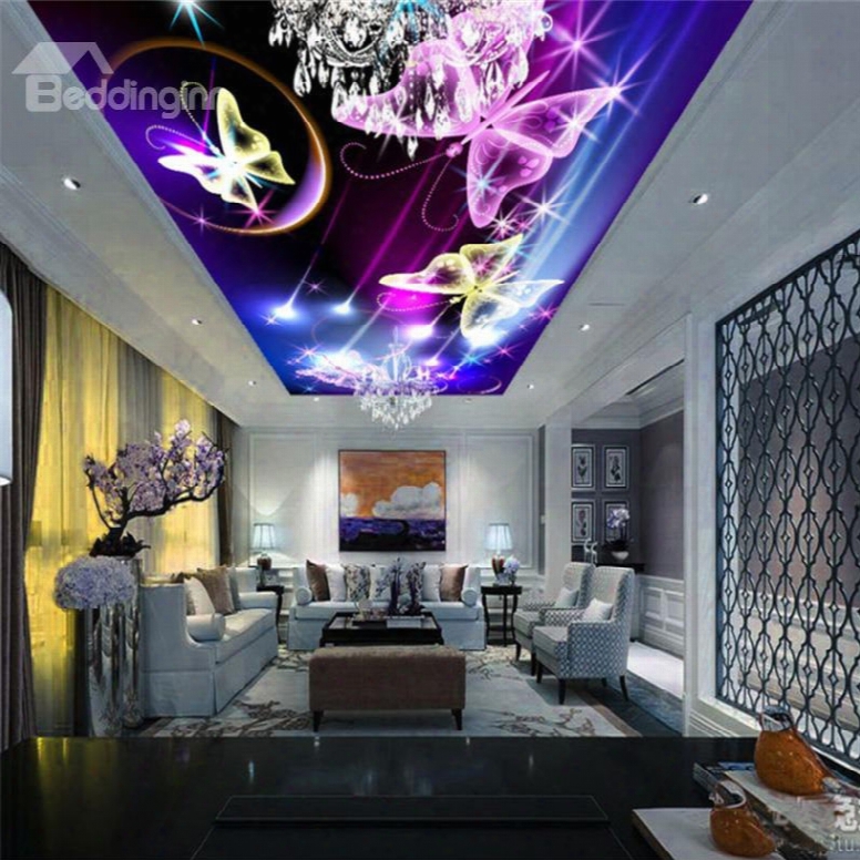 Purple Flutter Butterfly Printed Pvc Waterproof Sturdy Eco-friendly Self-adhesive Ceiling Murals