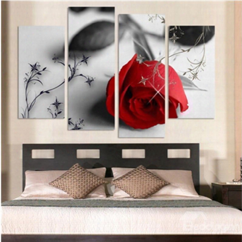 Red Rose Hanging 4-piece Canvas Waterproof And Eco-friendly Grey Non-framed Prints