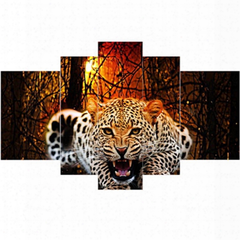Roaring Leopard Pattern Hanging 5-piece Canvas Eco-friendly And Waterproof Non-framed Prints