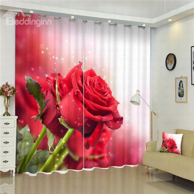 Romantic And Cozy Red Rose Thick Polyester Pastoral Style 2 Panels 3d Curtain