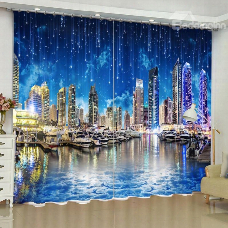 Romantic And Modern City Printed Night Beauty 2 Panels Custom Living Room Curtain