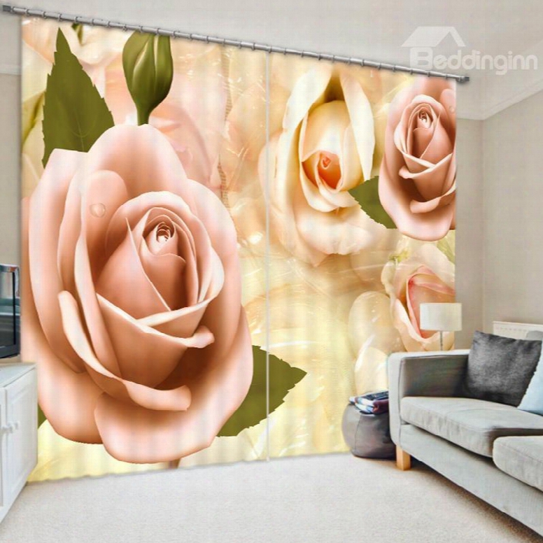 Romantic Pink Rose 3d Printed Polyester Curtain