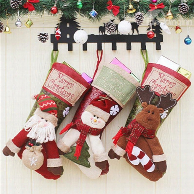 Santa Snowman And Deer Classic Non-woven Fabric And Wool Christmas Stocking