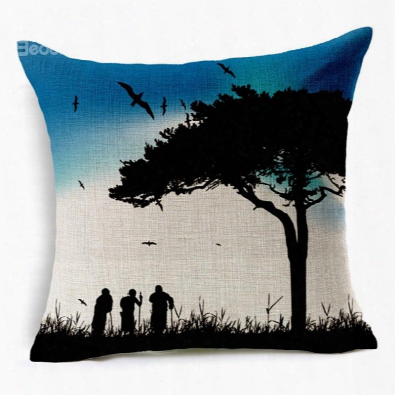 Silhouette People Standing Under Large Tree Print Throw Pillow