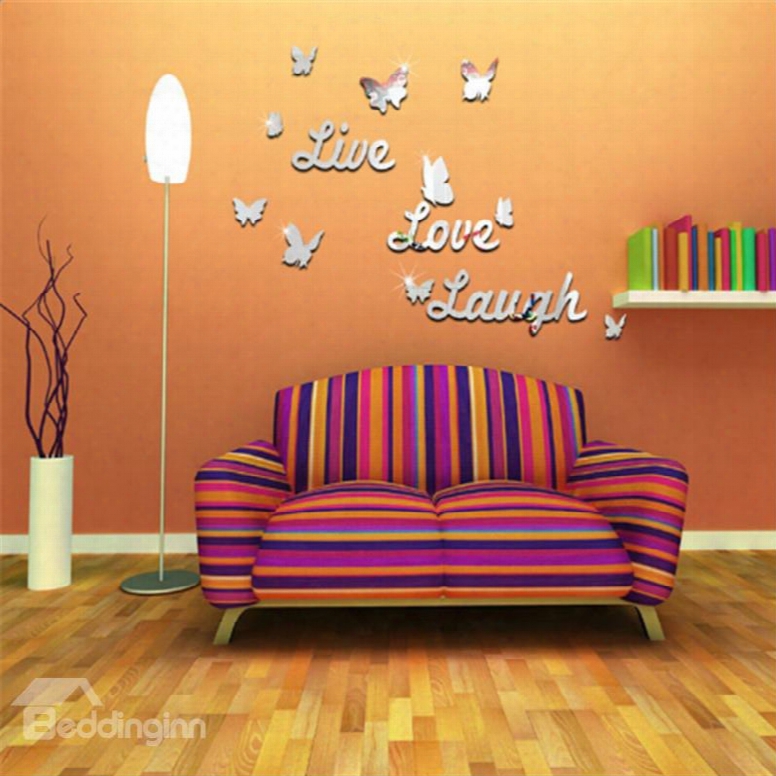 Silver/golden Live Love Laugh And Butterflies Acrylic Mirror Eco-friendly 3d Wall Stickers