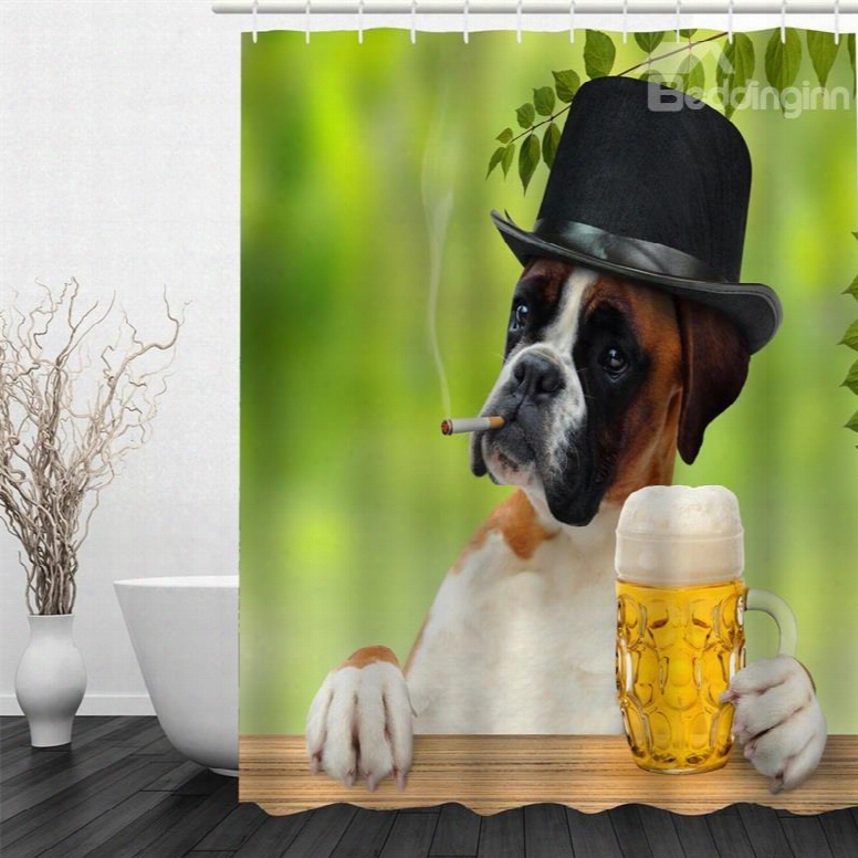 Smoking Dog In Hat And Beer Polyester Waterproof And Eco-friendly 3d Shower Curtain