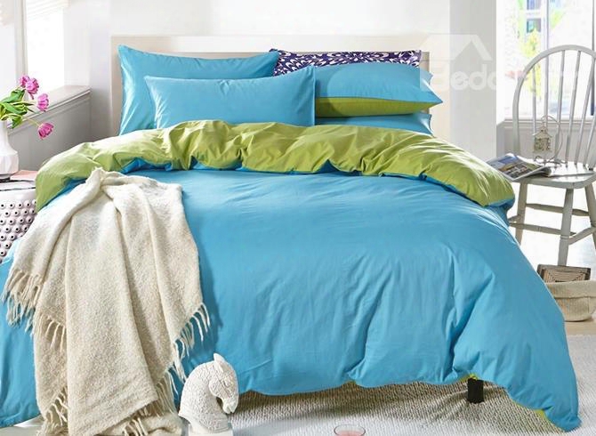 Solid Light Blue And Green Color Blocking Cotton 4-piece Bedding Sets/duvet Cover