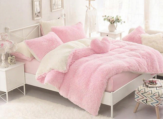 Solid Pink And Creamy White Color Block 4-piece Fluffy Bedding Sets/duvet Cover