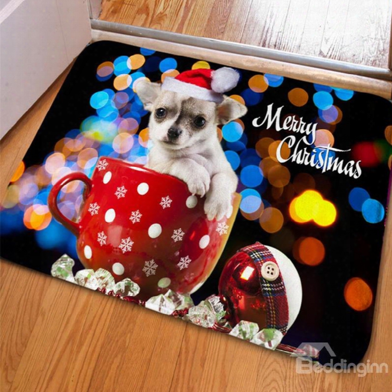 Sparkling Rectangle Cute Dog In A Red Cup Print Christmas Decorative Non Slip Doormat