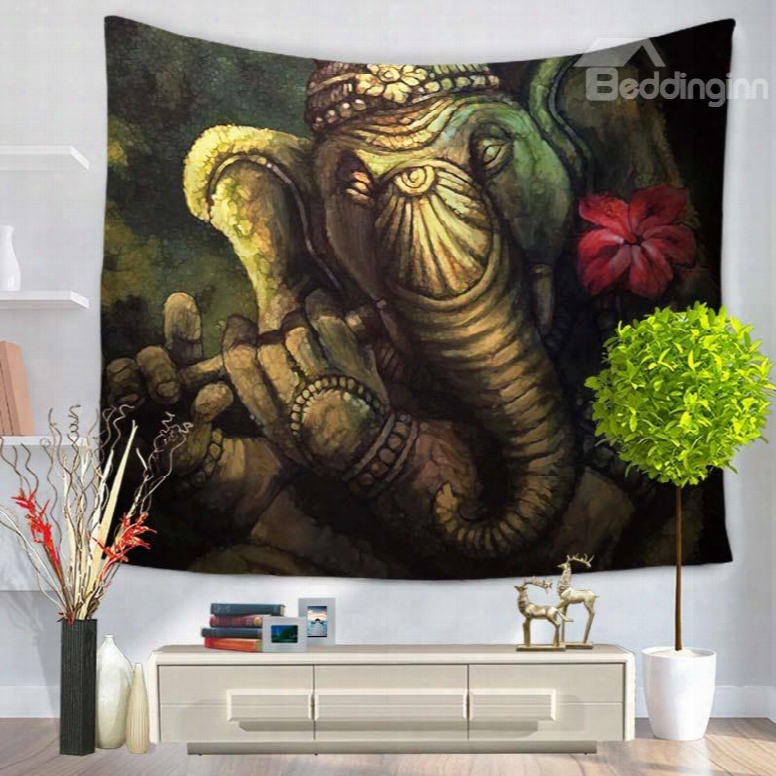Stone Carving Bronze Elephanfs Pattern Ethnic Style Black Decorative Ahnging Wall Tapestry