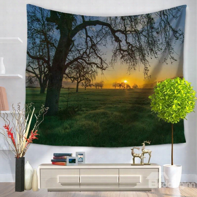 Sunset Lonely Verdant Tree With Green Field Natural Landscape Decorative Hanging Wall Tapestry