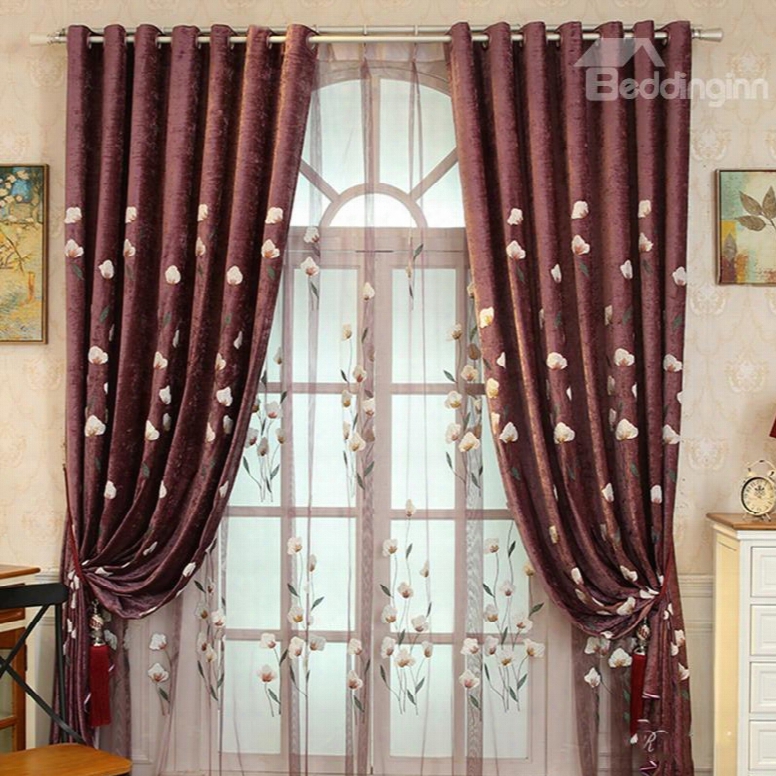 Transparent Sheer Curtain With Beige Flowers Chenille Materials Printing Living Room Window Sheer Curtain