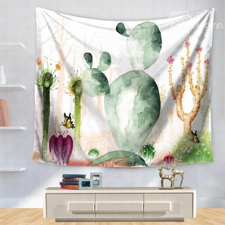 Âwatercolor Desert Plant Cactus With Butterfly Pattern Decorative Hanging Wall Tapestry