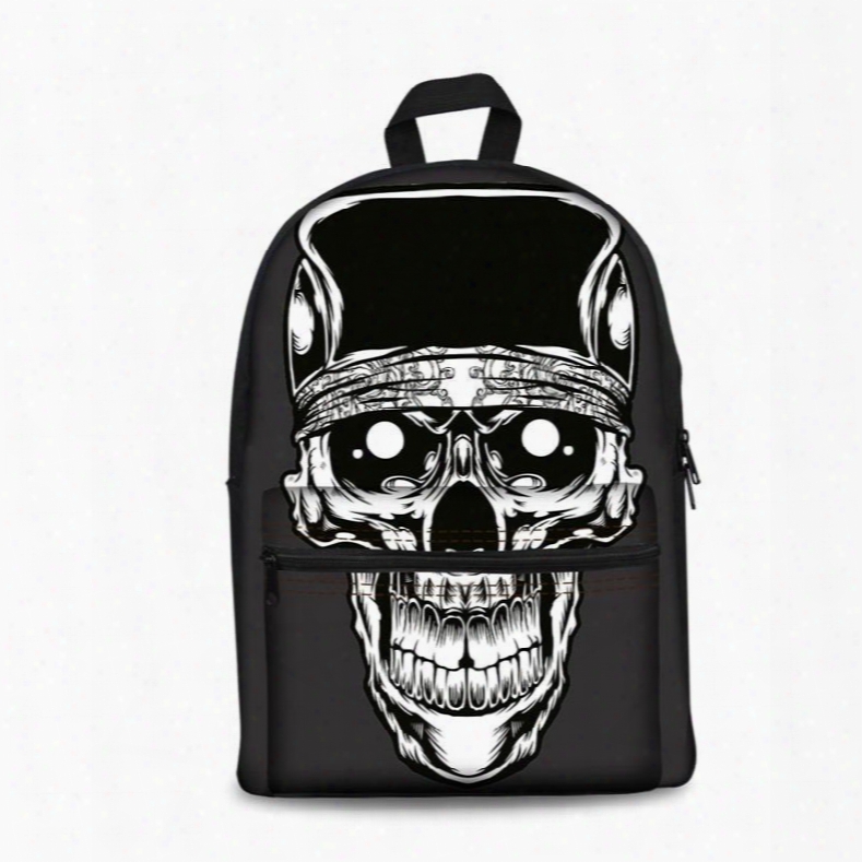 White Skull 3d Pattern Cool Style Personality Schoolbag Outdoor Black Backpack
