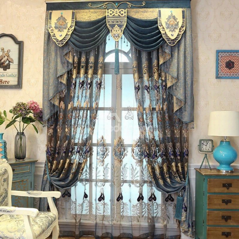 Wonderful Navy Blue Hollowed-out Pattern Noble Style 2 Pieces Living Room And Bedroom Curtain