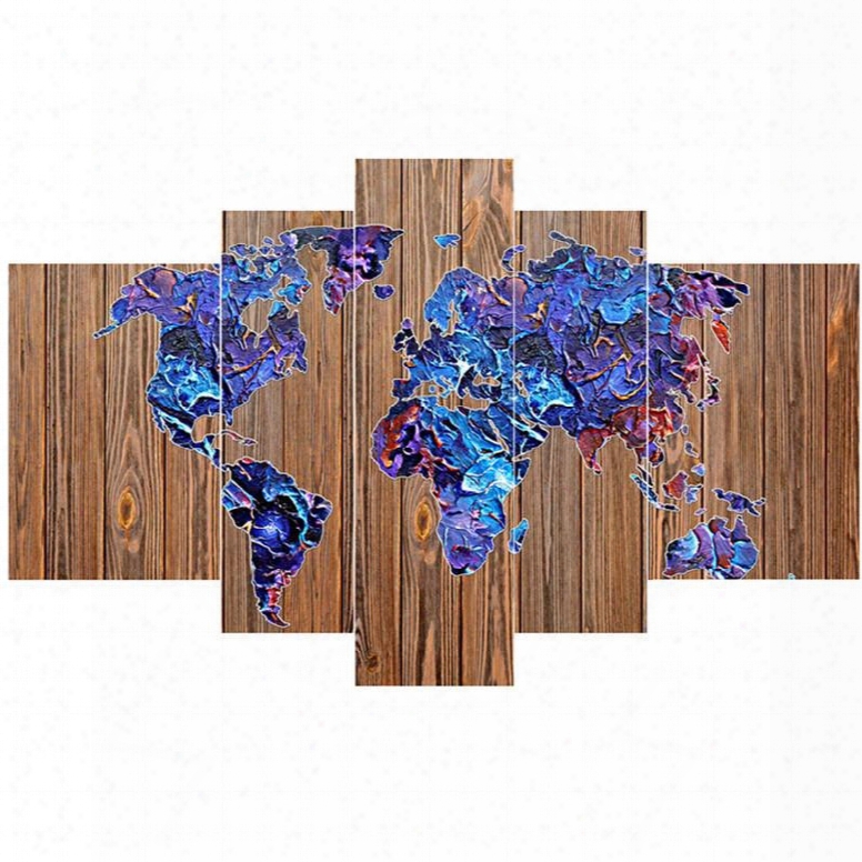 World Map On Wooden Board Pattern Hanging 5-piece Canvas Eco-friendly Waterproof Non-framed Prints