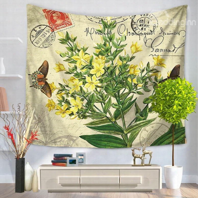 Yellow Flower Blossom Plant And Butterfly Rustic Style Decorative Hanging Wall Tapestry