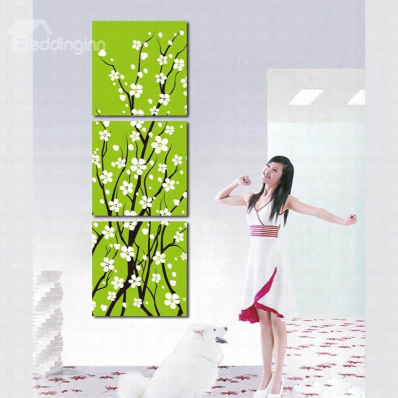 16␔20in␔3 Panels Green Background Decorated By White Flowers Hanging Canvas Waterproof Eco-friendly Framed Prints