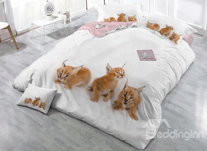 3d Baby Caracals Printed Cotton 4-piece White Bedding Sets/duvet Cover