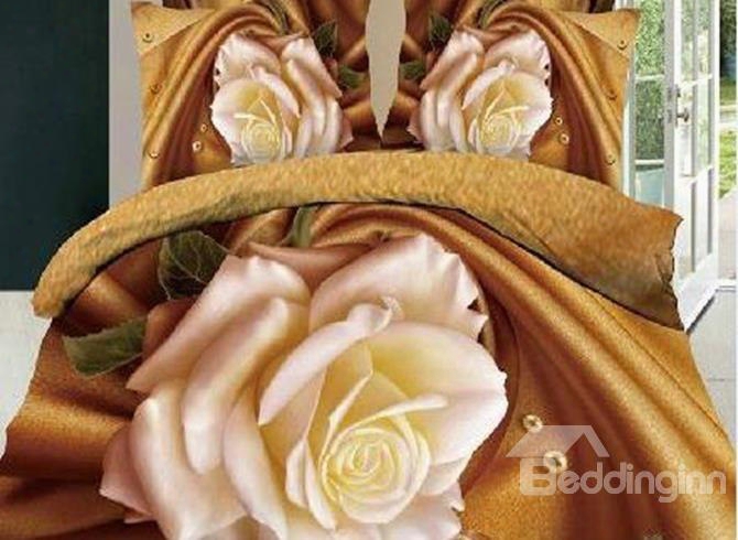 3d Blooming White Rose Printed Cotton 4-piece Bedding Sets/duvet Covers