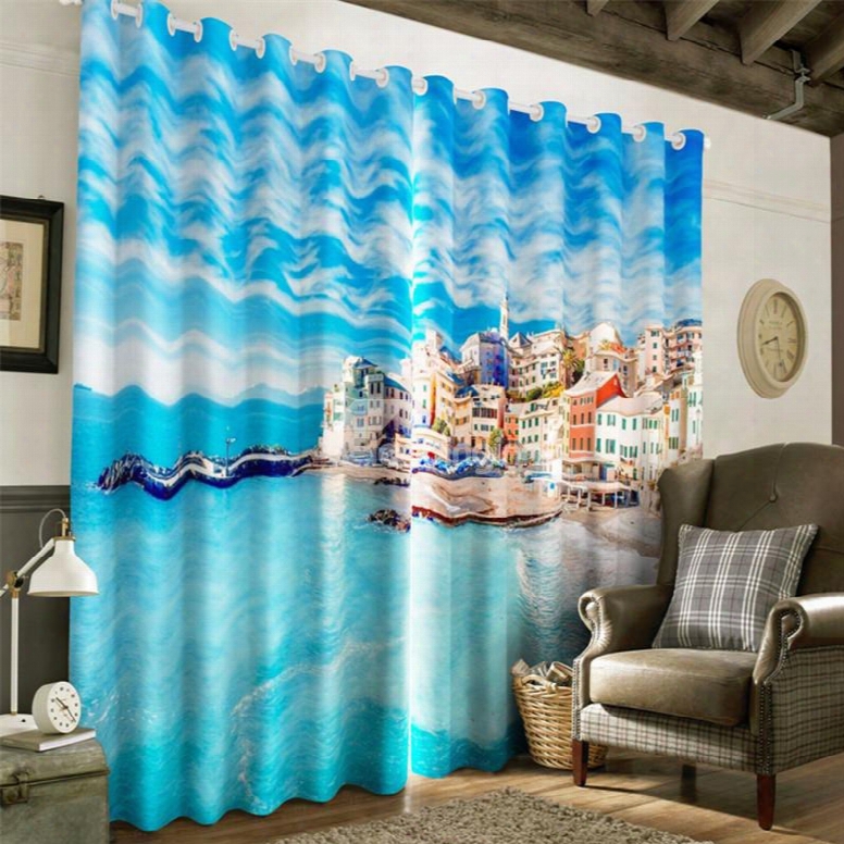 3d Blue And Clean Sea With City Printed Decorative And Heat Insulation Window Curtain