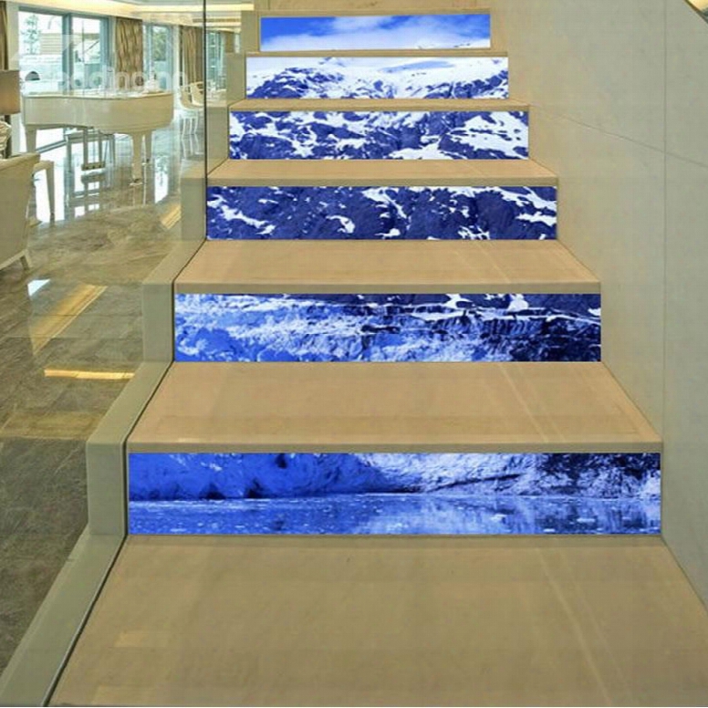 3d Blue Lake Snow Mountain 6-piece Pvc Waterproof Eco-friendly Self-adhesive Stair Mural