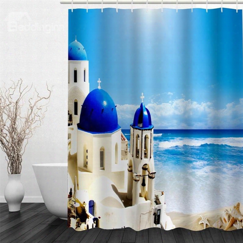 3d Blue Sea  Beside Castle Printed Polyester Waterproof And Eco-friendly Shower Curtain