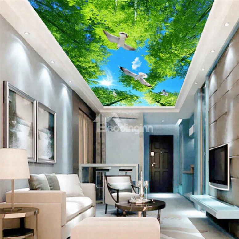 3d Blue Sky Covering Trees And Doves Waterproof Durable And Eco-friendly Ceiling Murals