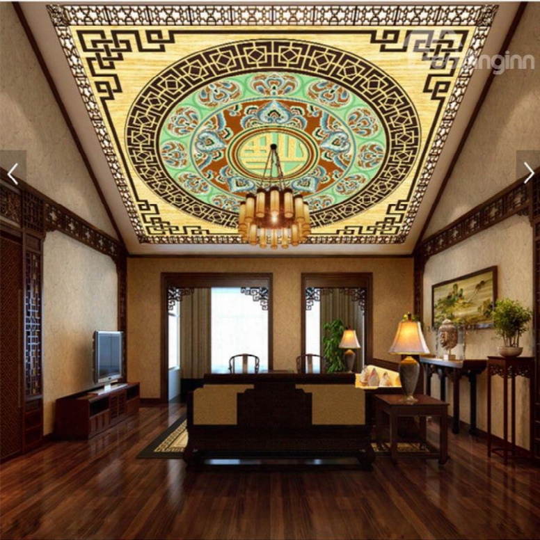 3d Chinese Fu And Floral Pattern Waterproof Durable And Eco-friendly Ceiling Murals